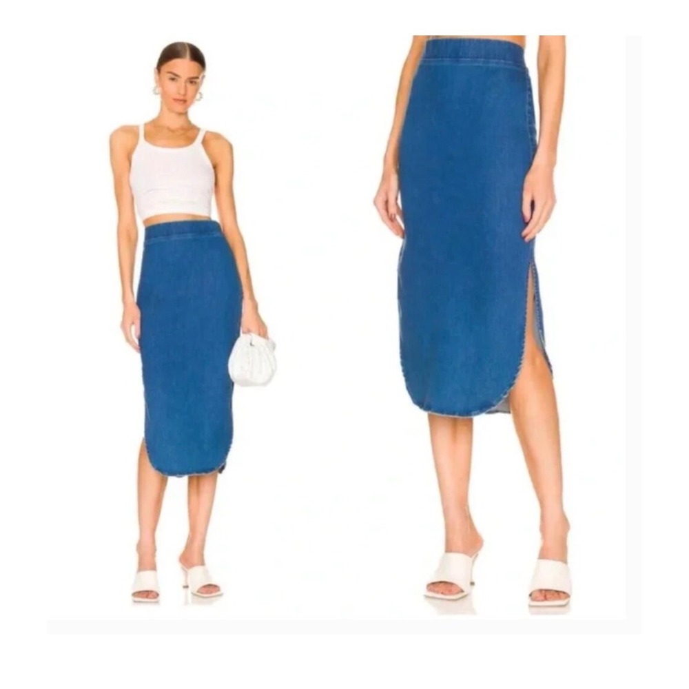 Frank & Eileen Blue Denim Tulip Hem Midi Skirt High Waist Side Slit Size 4
